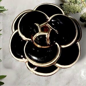 Black Enamel Camellia Brooch with Gold Trim and White Accents
